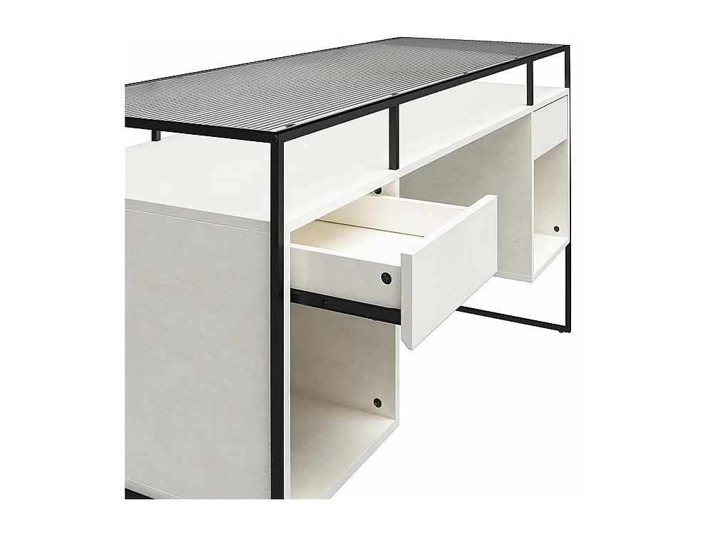 Schreibtisch mit Seitenregalen in Lichtgrau und Schwarz Strukturglasplatte