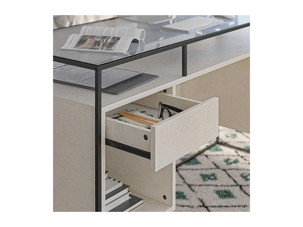 Schreibtisch mit Seitenregalen in Lichtgrau und Schwarz Strukturglasplatte