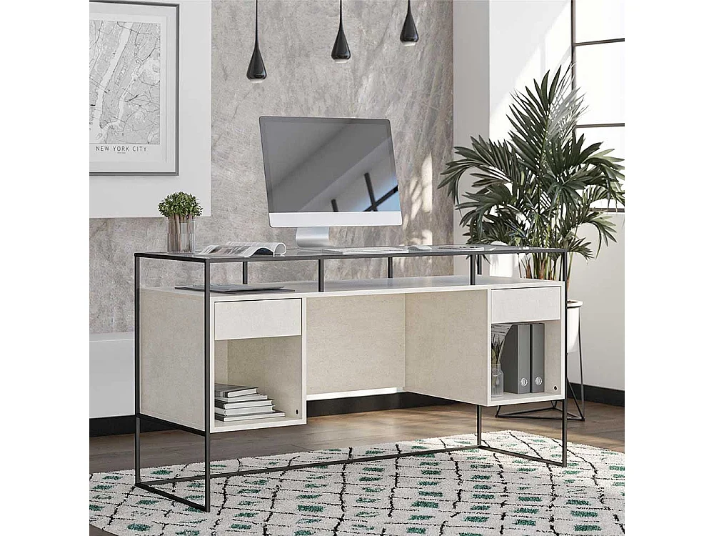 Schreibtisch mit Seitenregalen in Lichtgrau und Schwarz Strukturglasplatte