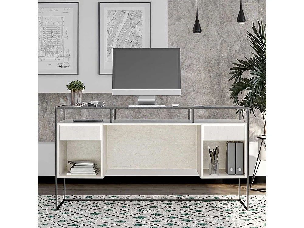 Schreibtisch mit Seitenregalen in Lichtgrau und Schwarz Strukturglasplatte