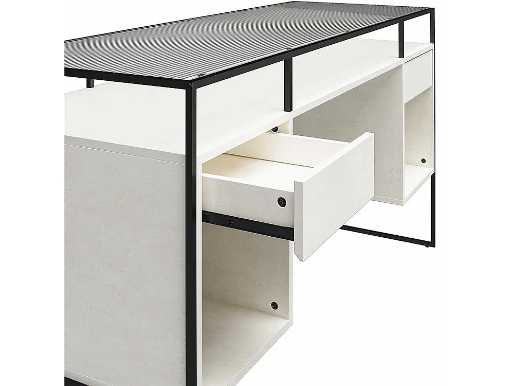 Schreibtisch mit Seitenregalen in Lichtgrau und Schwarz Strukturglasplatte