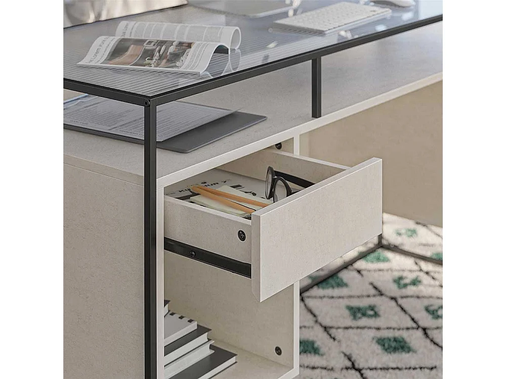 Schreibtisch mit Seitenregalen in Lichtgrau und Schwarz Strukturglasplatte