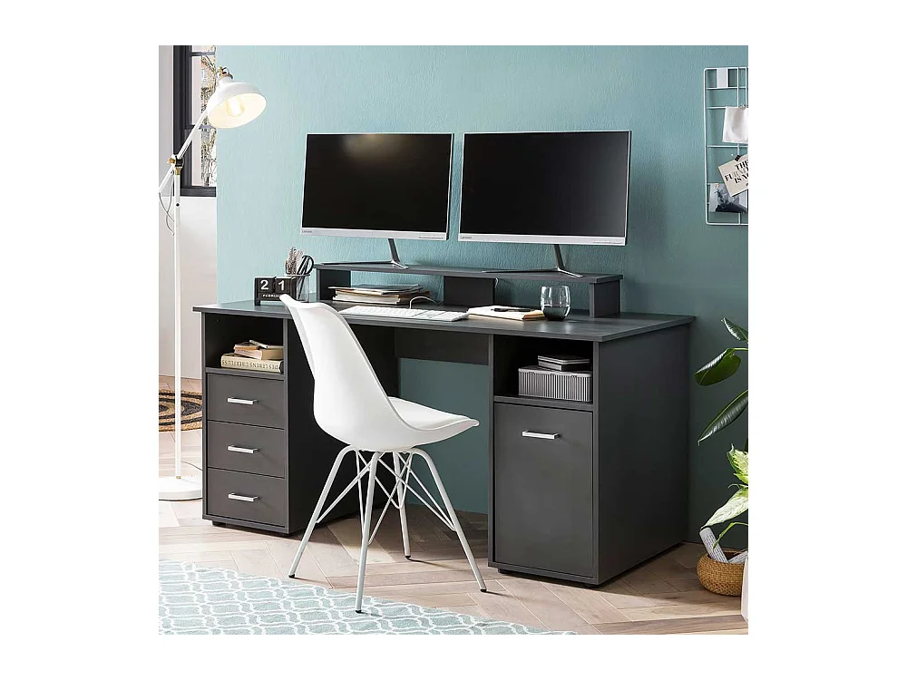 Schreibtisch mit Aufsatz in Anthrazit Tür und Schubladen