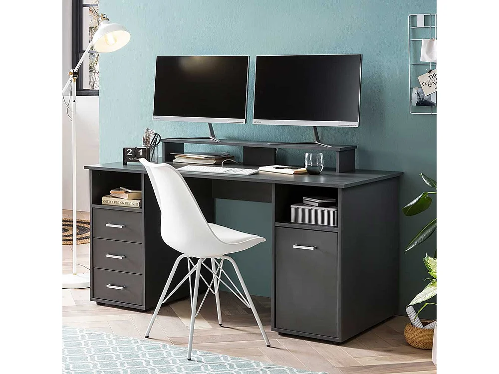 Schreibtisch mit Aufsatz in Anthrazit Tür und Schubladen