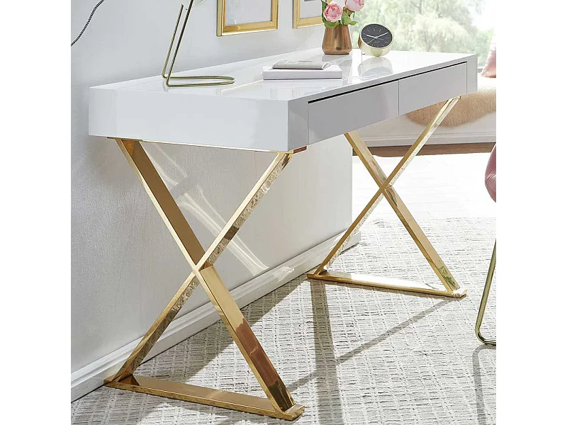 Schreibtisch Home Office in Weiß Hochglanz Goldfarben