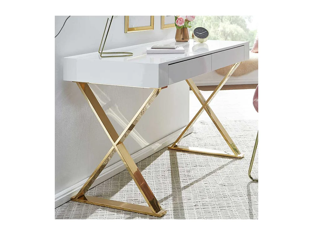 Schreibtisch Home Office in Weiß Hochglanz Goldfarben