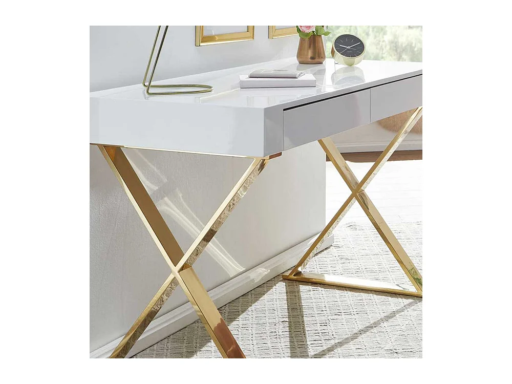Schreibtisch Home Office in Weiß Hochglanz Goldfarben