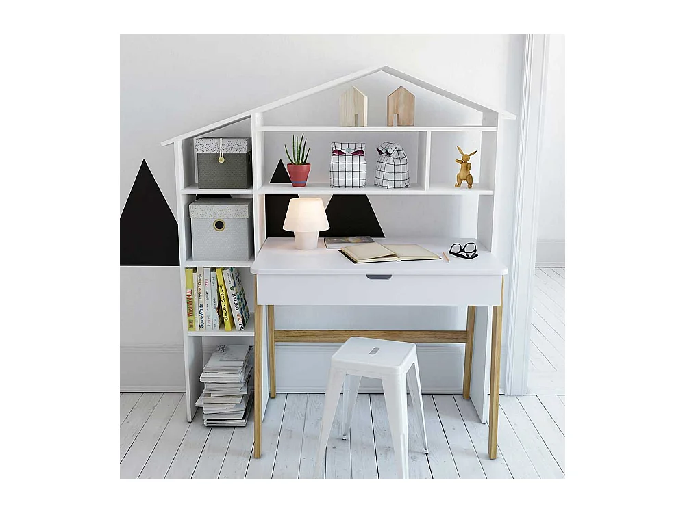 Schülerschreibtisch in Weiß Pinie teilmassiv Regal in Haus Optik (zweiteilig)
