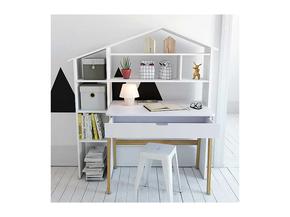 Schülerschreibtisch in Weiß Pinie teilmassiv Regal in Haus Optik (zweiteilig)