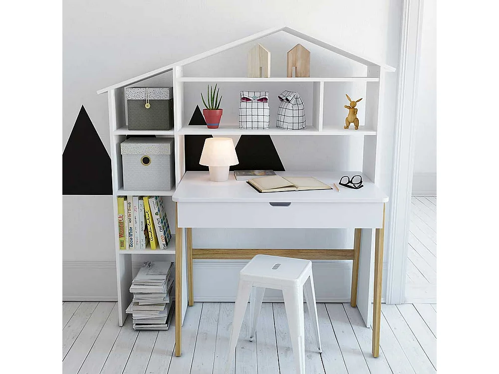 Schülerschreibtisch in Weiß Pinie teilmassiv Regal in Haus Optik (zweiteilig)