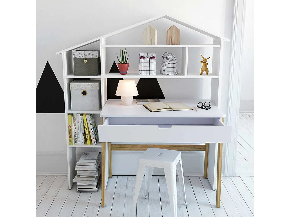 Schülerschreibtisch in Weiß Pinie teilmassiv Regal in Haus Optik (zweiteilig)