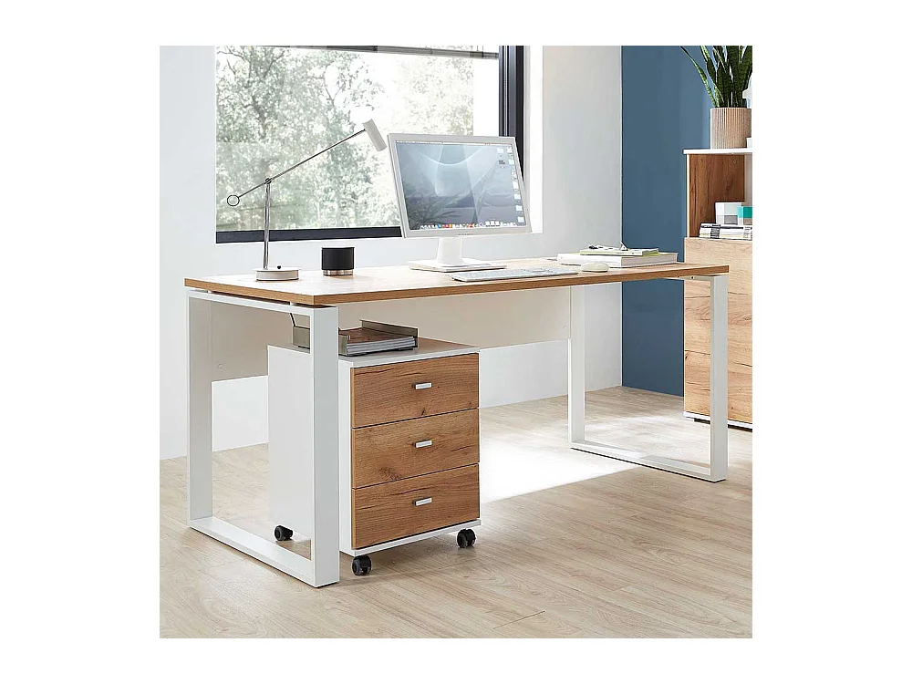 Büroschreibtisch in Weiß und Dekor Wildeiche dunkel Rollcontainer (zweiteilig)