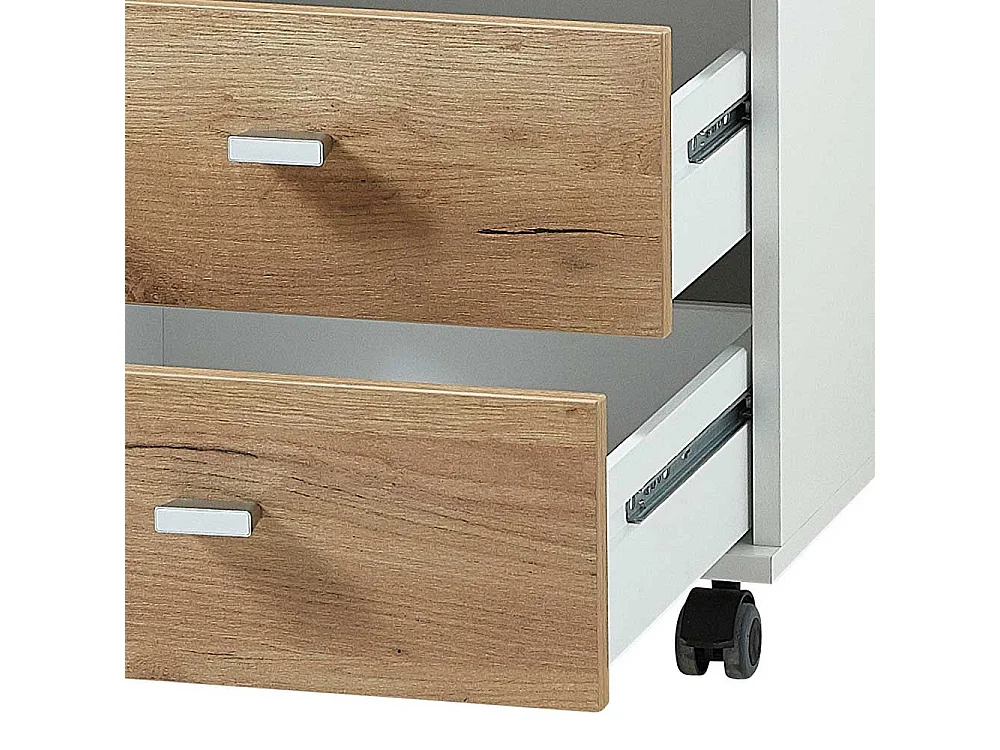 Büroschreibtisch in Weiß und Dekor Wildeiche dunkel Rollcontainer (zweiteilig)