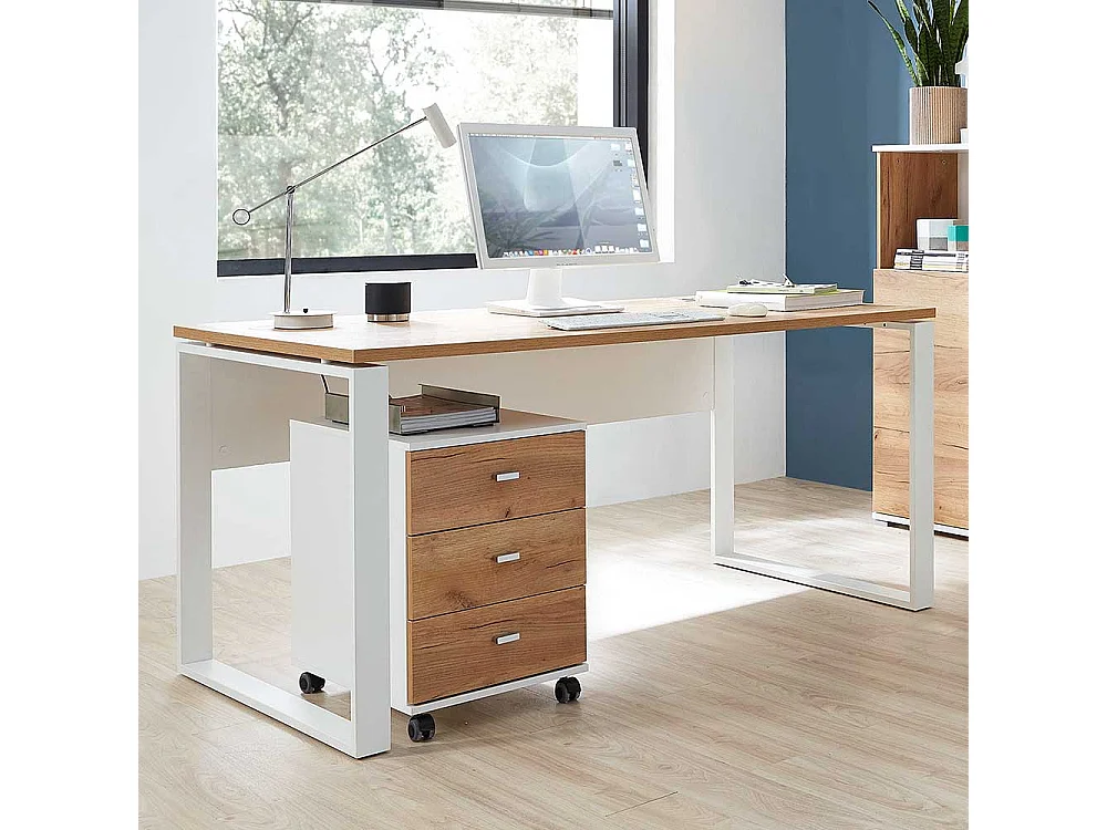 Büroschreibtisch in Weiß und Dekor Wildeiche dunkel Rollcontainer (zweiteilig)