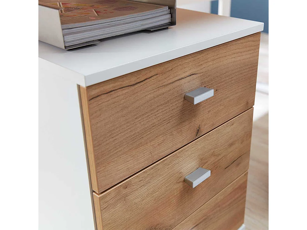 Büroschreibtisch in Weiß und Dekor Wildeiche dunkel Rollcontainer (zweiteilig)