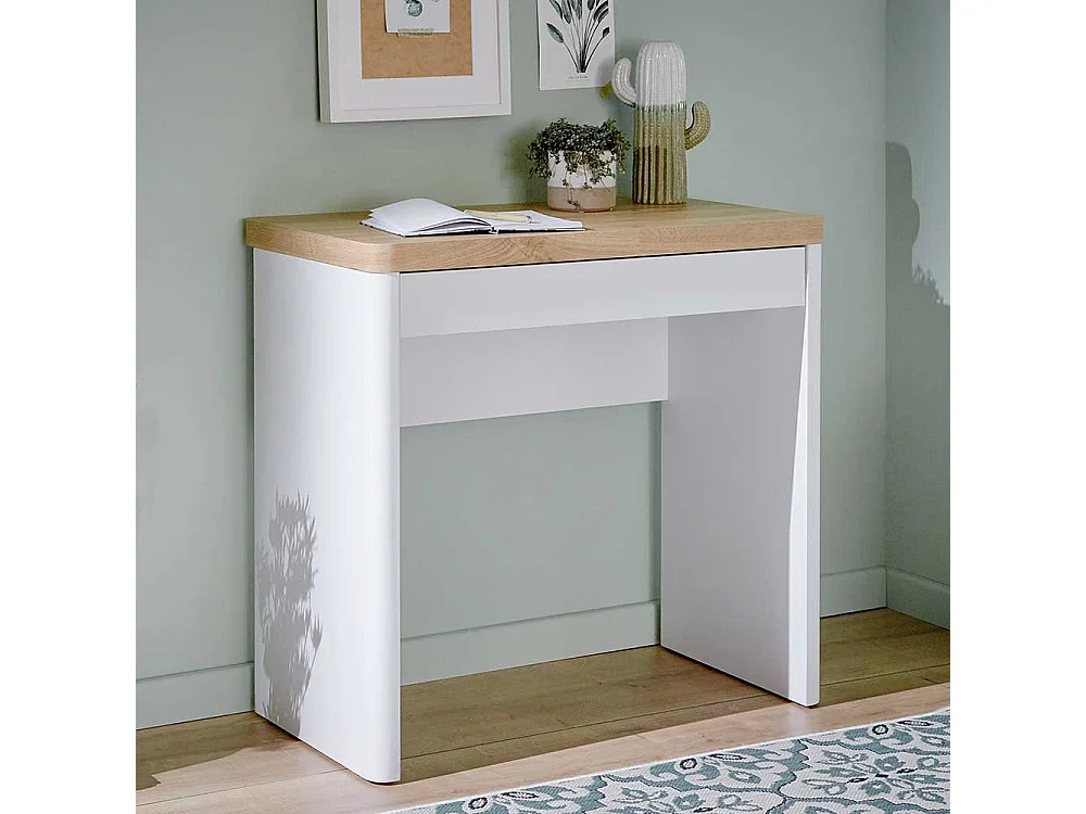 Laptopschreibtisch in Weiß und Eichefarben einer Schublade