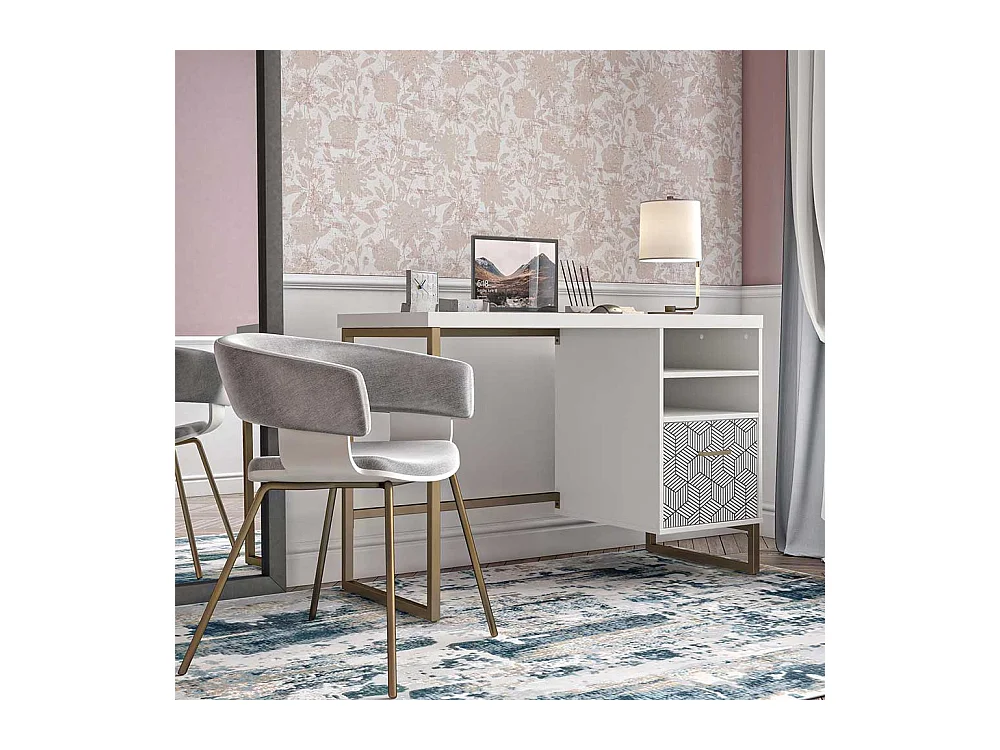 Designschreibtisch weiß gold 114 cm breit einer Schublade