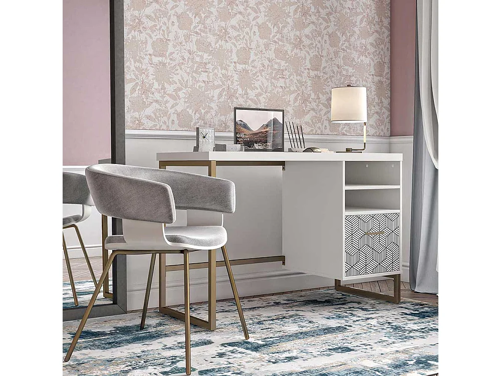 Designschreibtisch weiß gold 114 cm breit einer Schublade