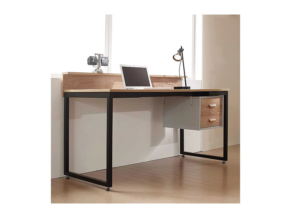 Bürotisch in Akaziefarben und Schwarz zwei Schubladen