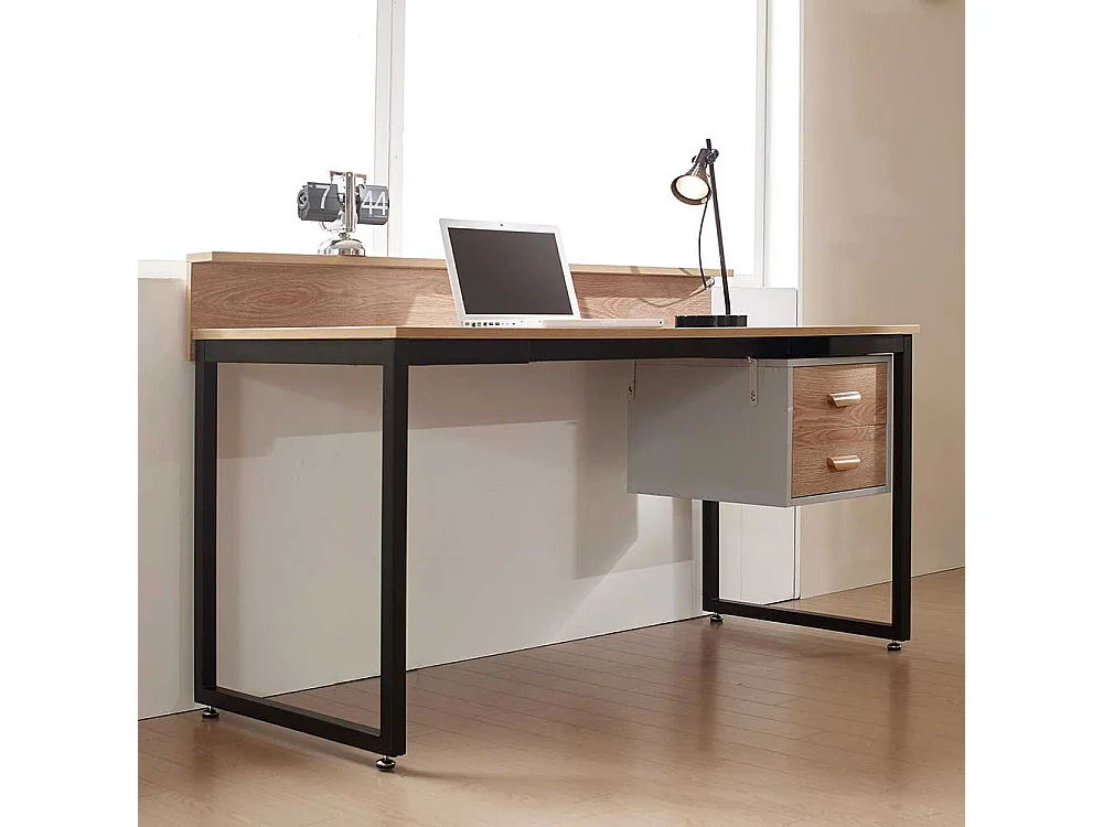 Bürotisch in Akaziefarben und Schwarz zwei Schubladen