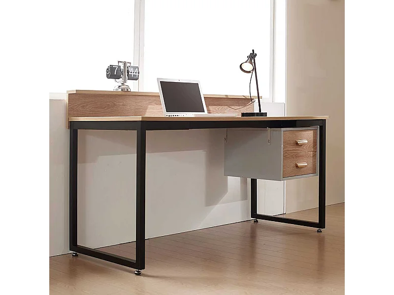 Bürotisch in Akaziefarben und Schwarz zwei Schubladen