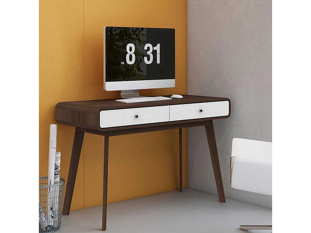 Schreibtisch in Weiß und Walnussfarben 120 cm breit