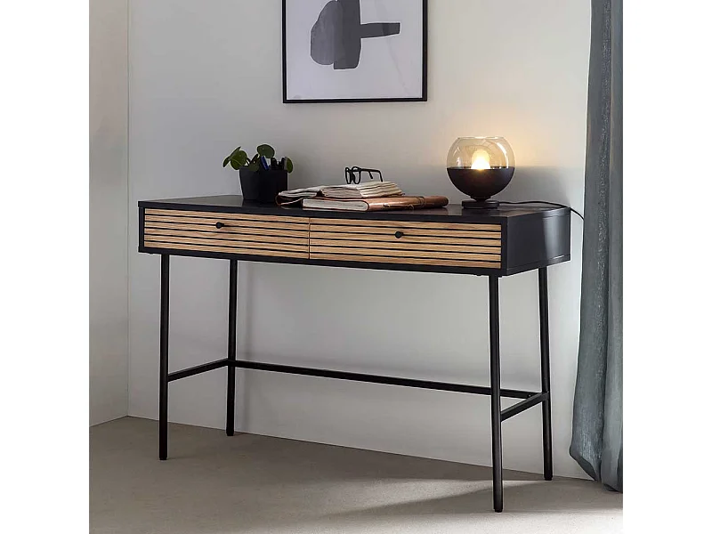 Skandi Schreibtisch in Schwarz und Eichefarben zwei Schubladen