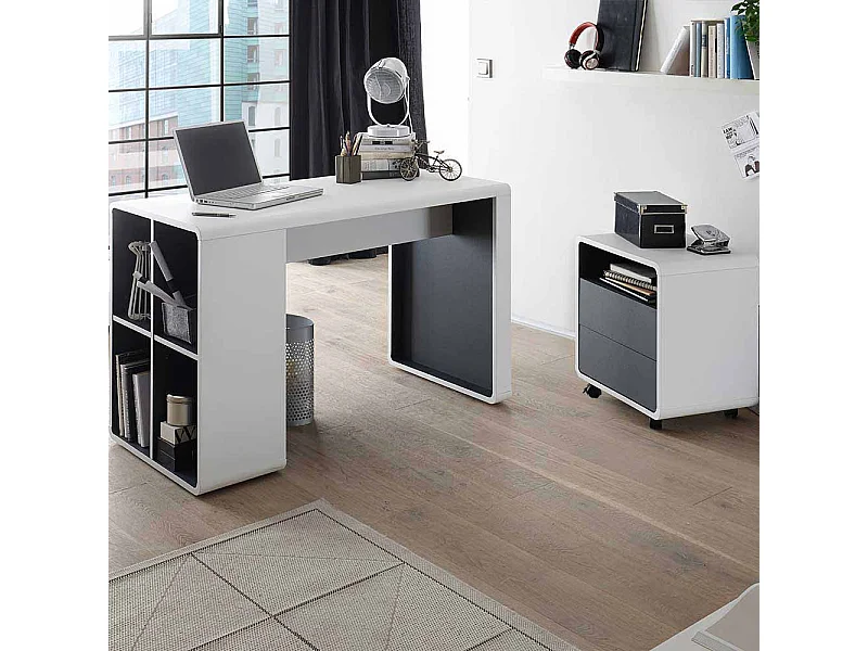 Bürotisch in Weiß Anthrazit Rollcontainer (zweiteilig)