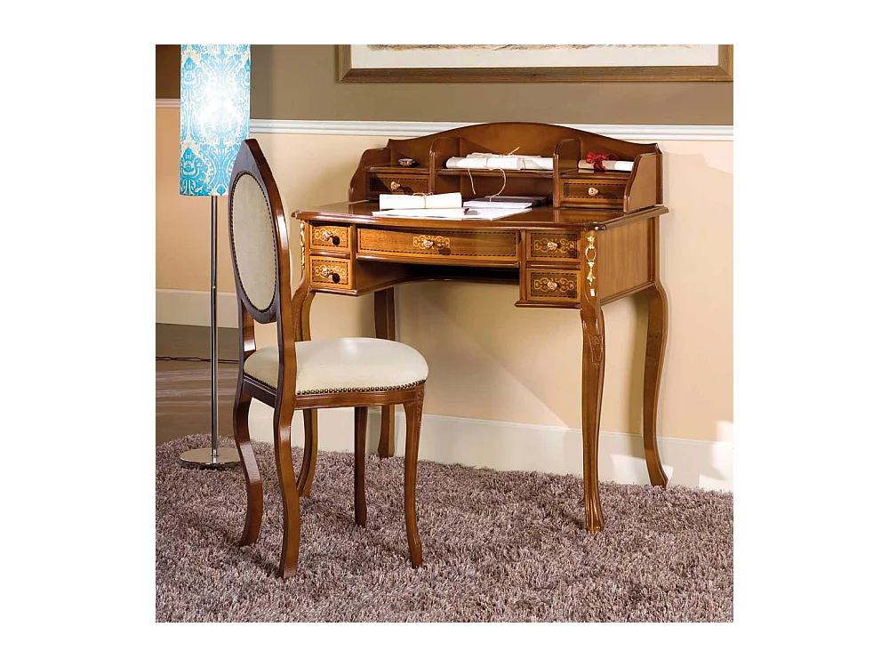 Design Schreibtisch und Stuhl im Barock Look Nussbaum und Creme Weiß (zweiteilig)