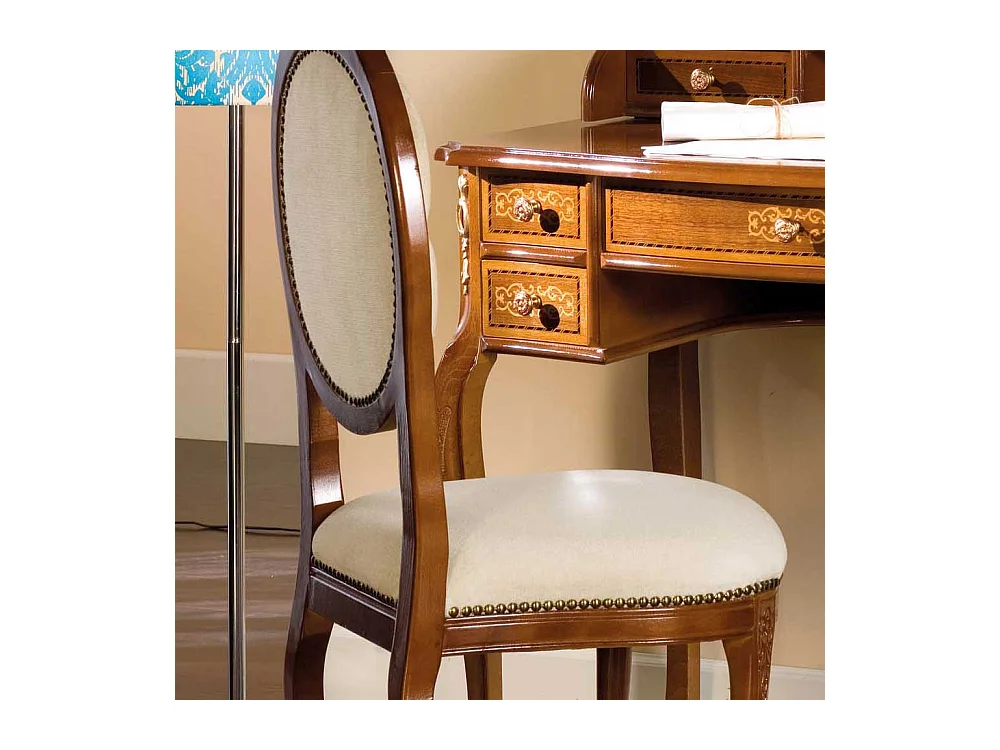 Design Schreibtisch und Stuhl im Barock Look Nussbaum und Creme Weiß (zweiteilig)