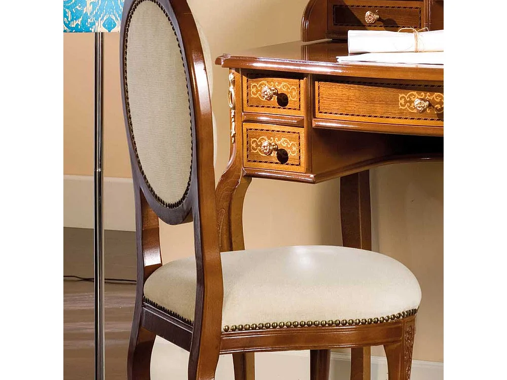 Design Schreibtisch und Stuhl im Barock Look Nussbaum und Creme Weiß (zweiteilig)