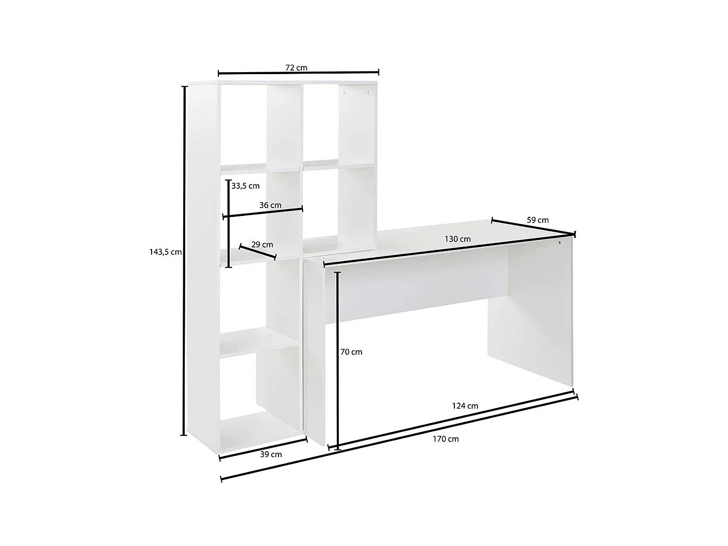 Home Office mit Regal weiss 170 cm Breite 144 cm Höhe