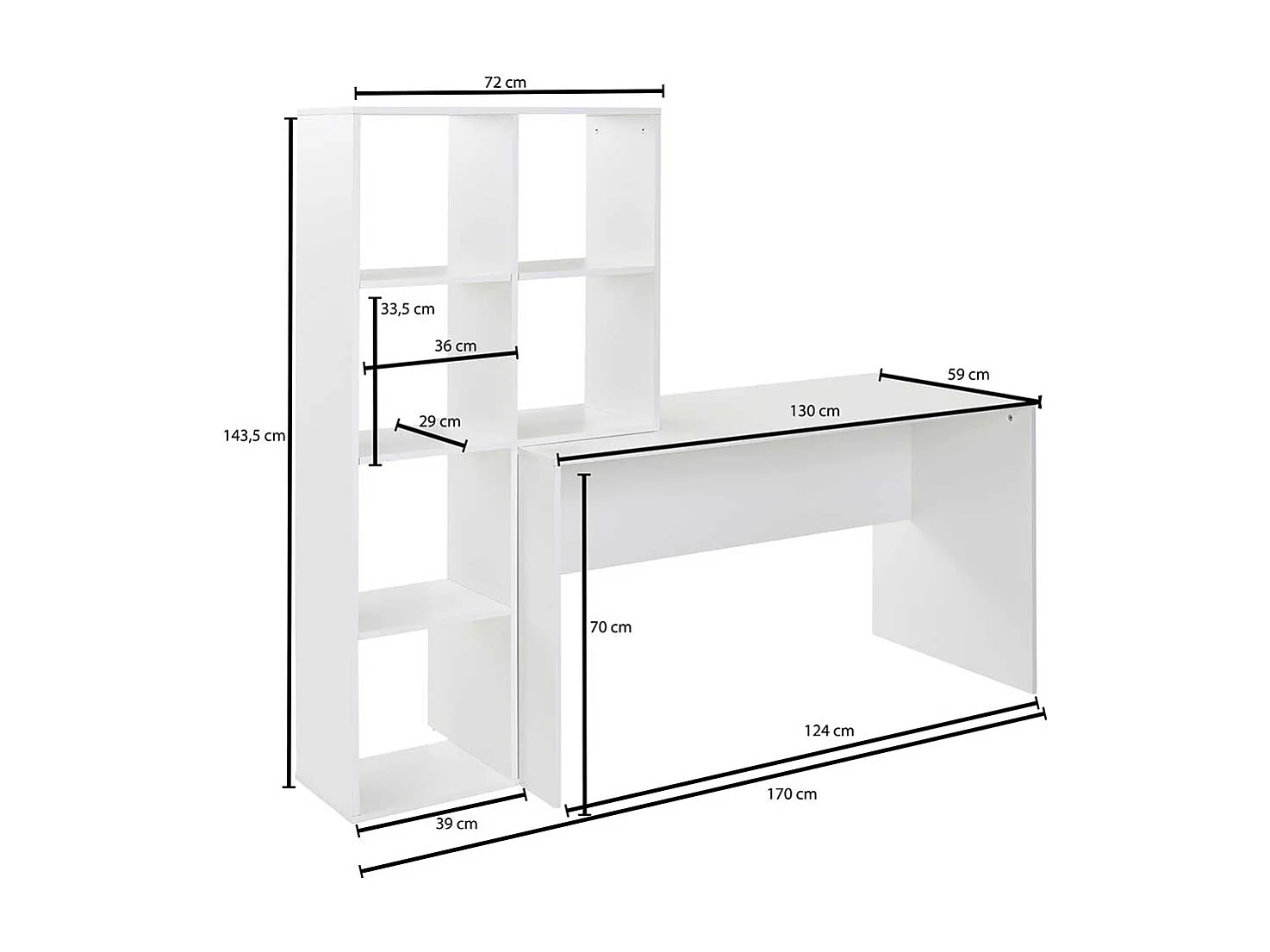 Home Office mit Regal weiss 170 cm Breite 144 cm Höhe