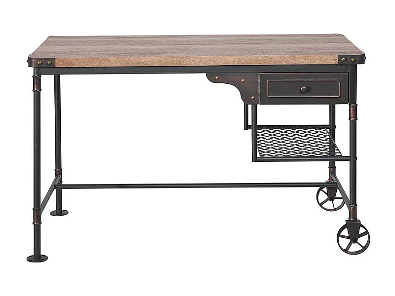 Industry Design Schreibtisch in Schwarz und Holz verwitterter Optik Metallrollen