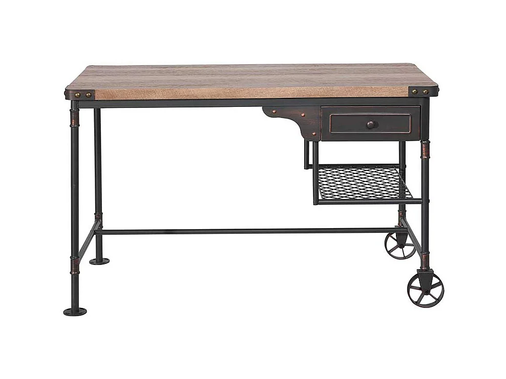 Industry Design Schreibtisch in Schwarz und Holz verwitterter Optik Metallrollen