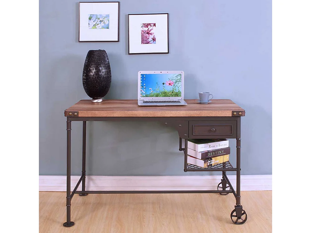 Industry Design Schreibtisch in Schwarz und Holz verwitterter Optik Metallrollen