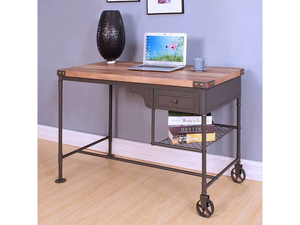 Industry Design Schreibtisch in Schwarz und Holz verwitterter Optik Metallrollen