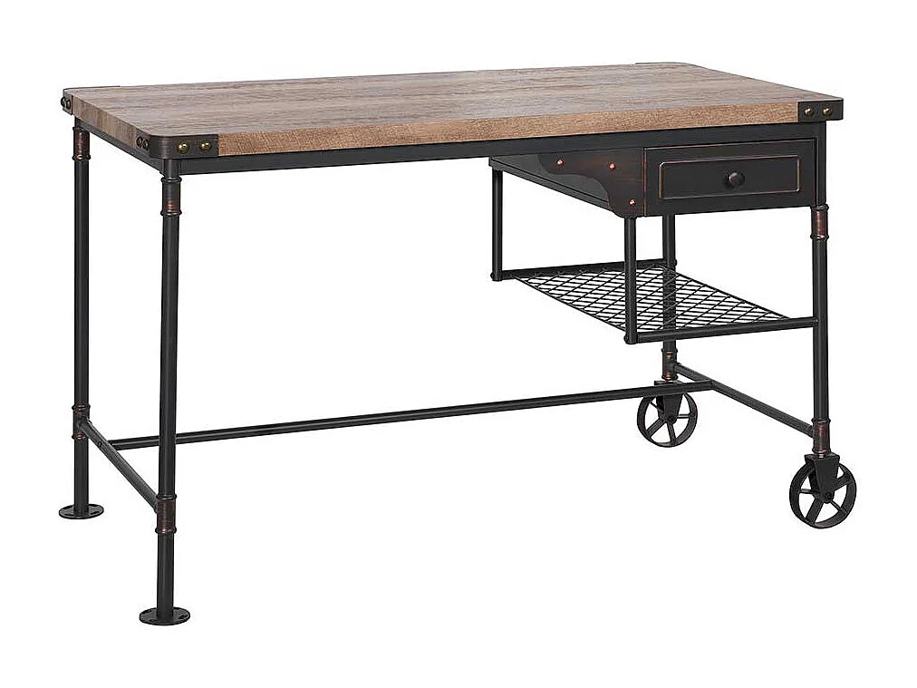 Industry Design Schreibtisch in Schwarz und Holz verwitterter Optik Metallrollen