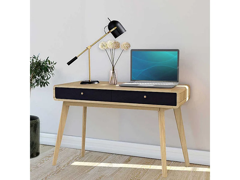Designschreibtisch in Schwarz und Eichefarben Vierfußgestell
