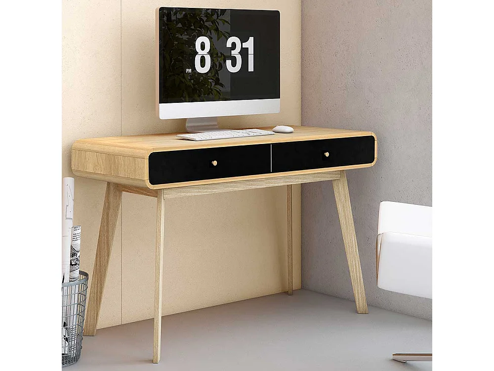 Designschreibtisch in Schwarz und Eichefarben Vierfußgestell