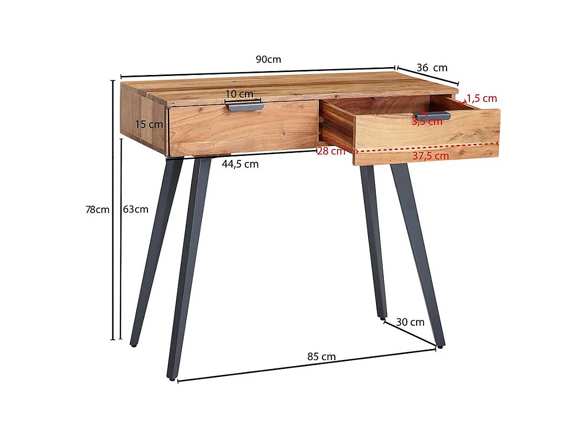 Konsolentisch mit Schubladen aus Akazie Massivholz Metall