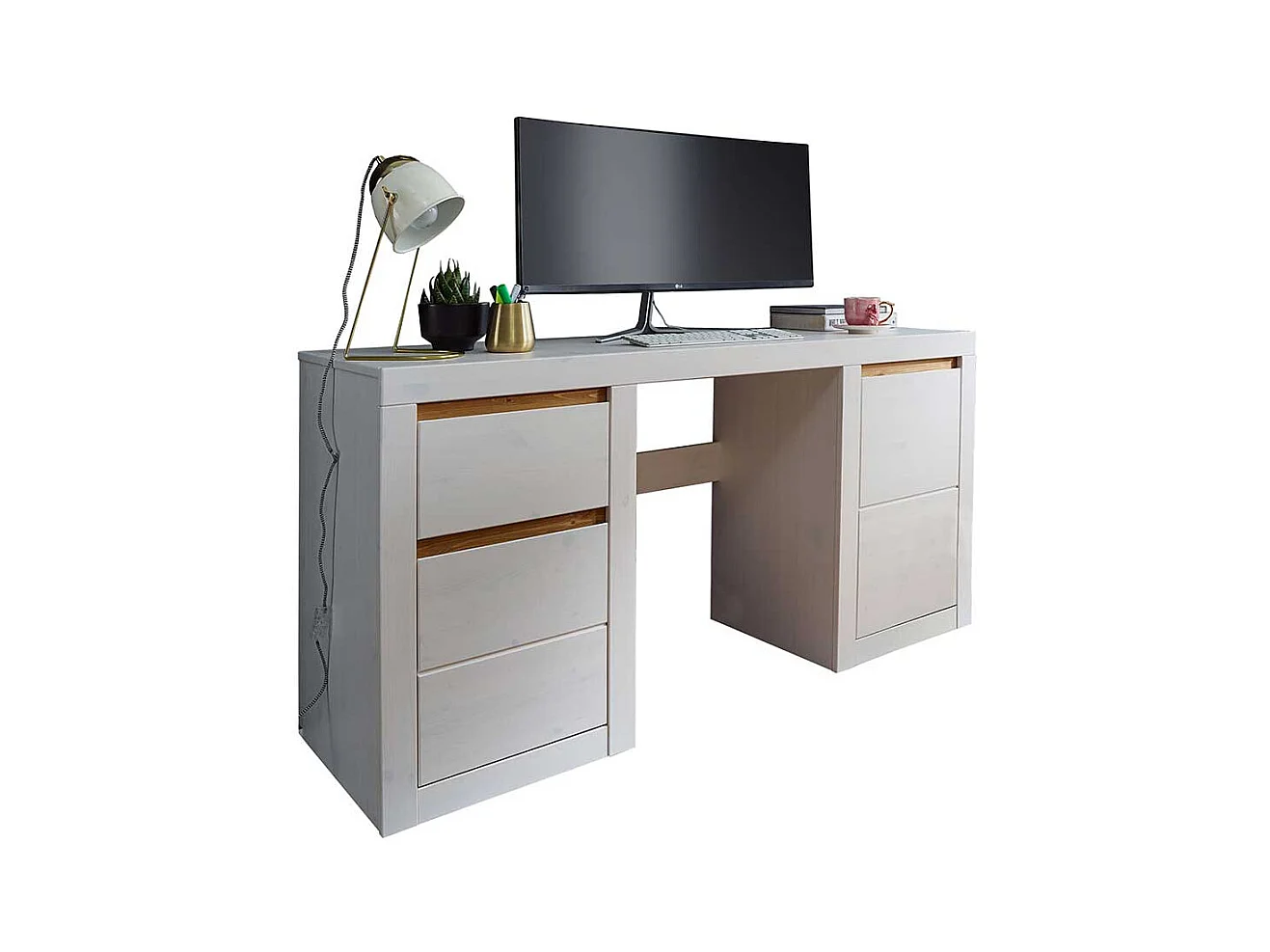 Schreibtisch aus Kiefer Massivholz Weiß