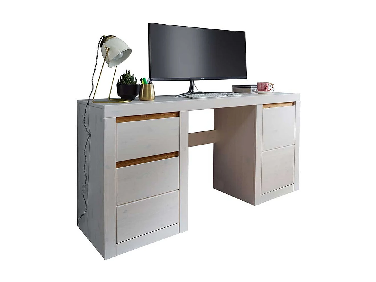 Schreibtisch aus Kiefer Massivholz Weiß