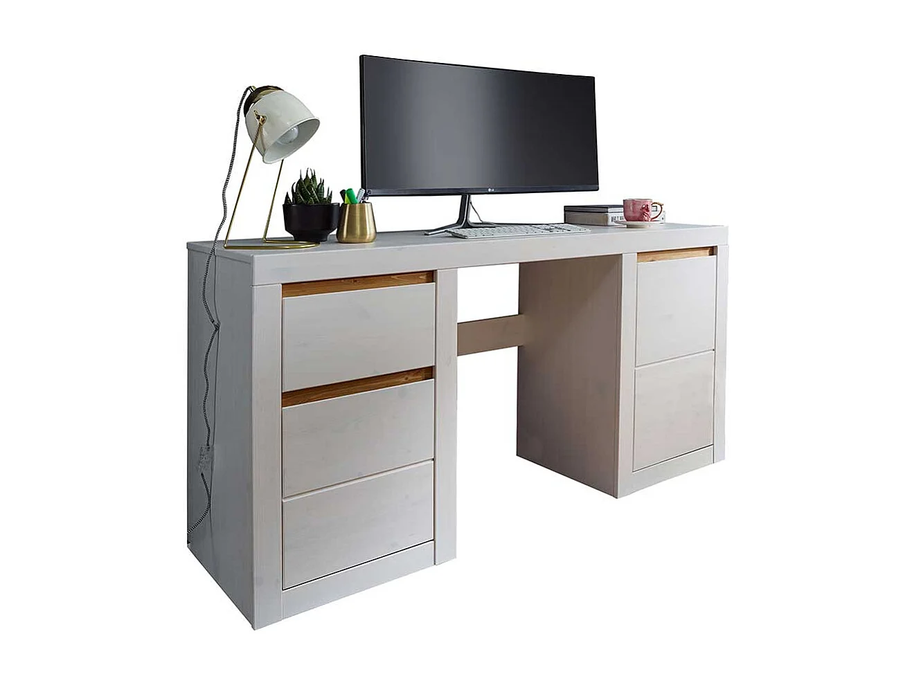 Schreibtisch aus Kiefer Massivholz Weiß