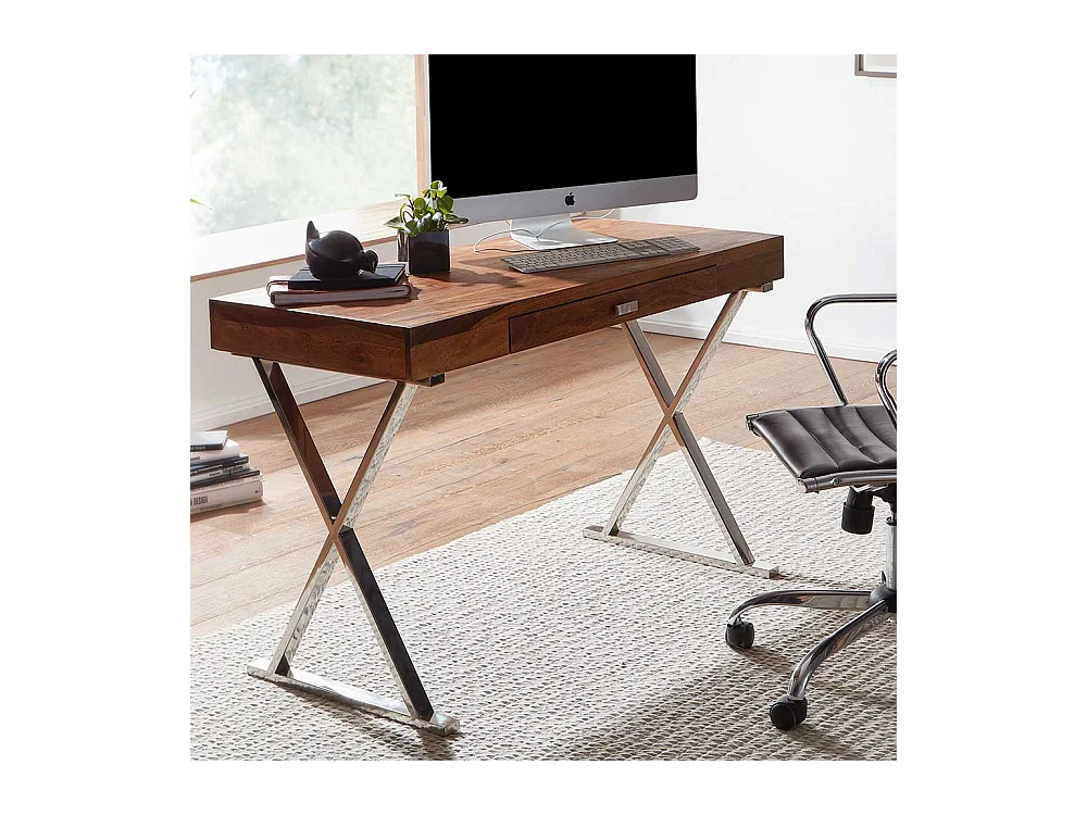 Schreibtisch mit einer Schublade Sheesham Massivholz und Metall