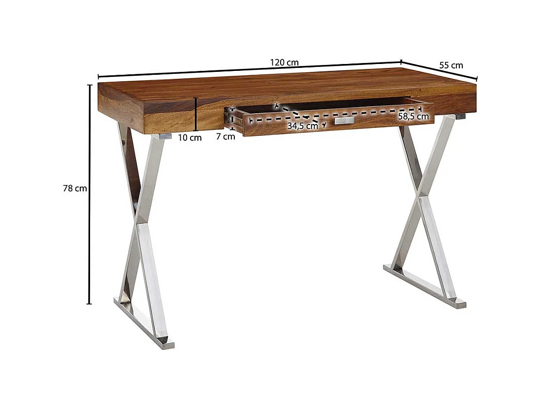 Schreibtisch mit einer Schublade Sheesham Massivholz und Metall
