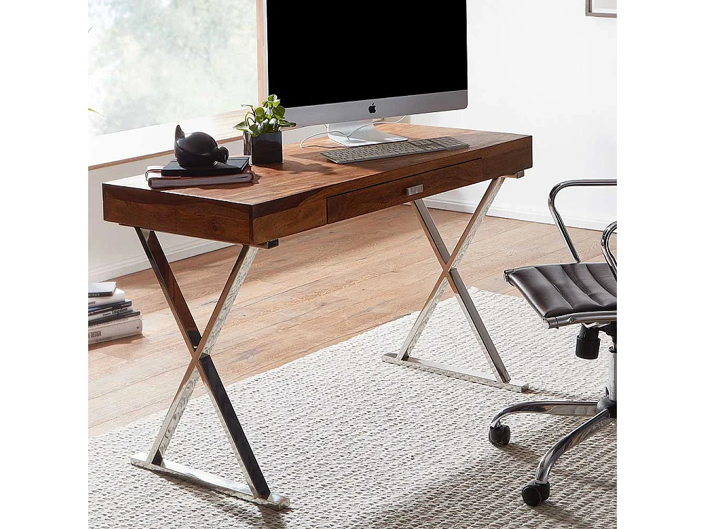 Schreibtisch mit einer Schublade Sheesham Massivholz und Metall