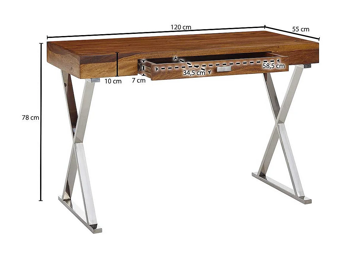 Schreibtisch mit einer Schublade Sheesham Massivholz und Metall