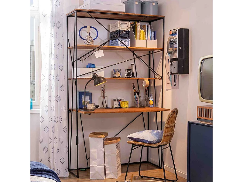 Designschreibtisch aus Mangobaum Massivholz und Stahl integriertem Regal