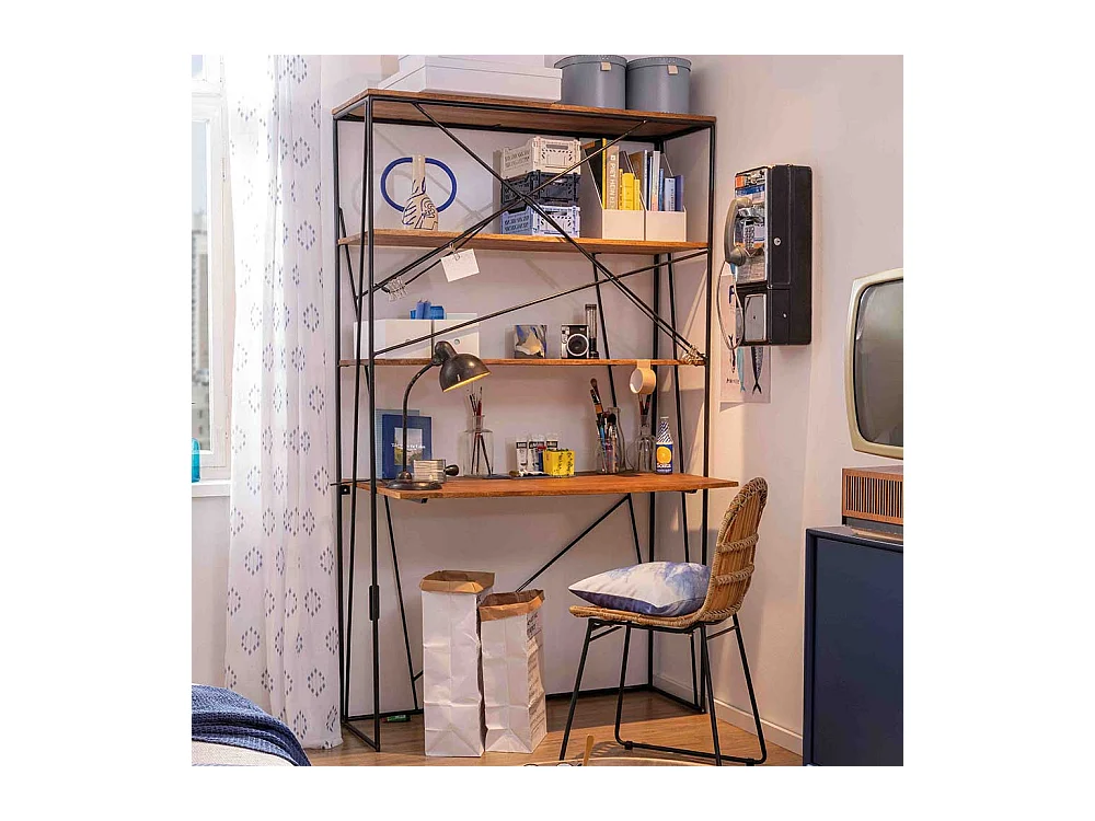 Designschreibtisch aus Mangobaum Massivholz und Stahl integriertem Regal